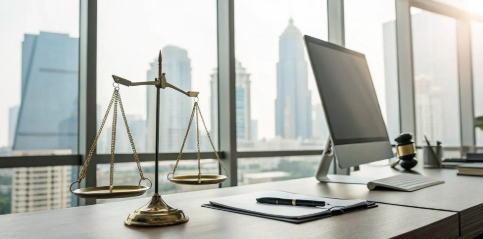 A Pittsburgh auto accident attorney's desk with a gavel and scales of justice.